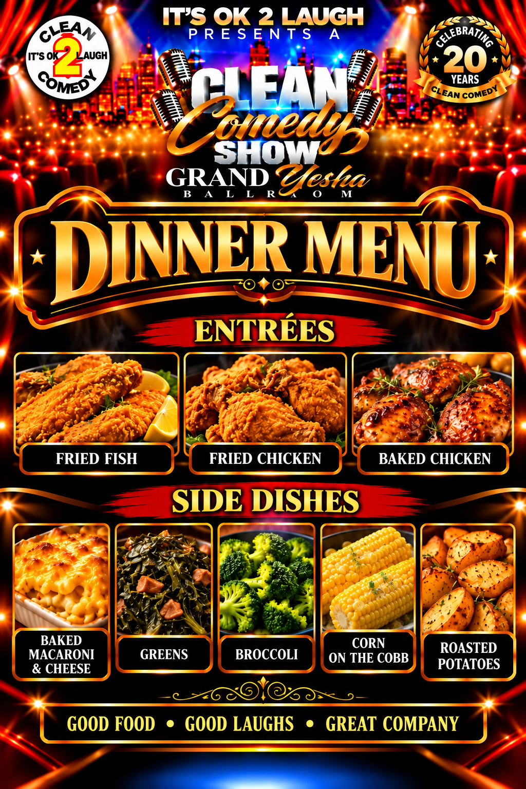 Clean Comedy Show Dinner Menu - Entrées and Side Dishes at Grand Yesha Ballroom