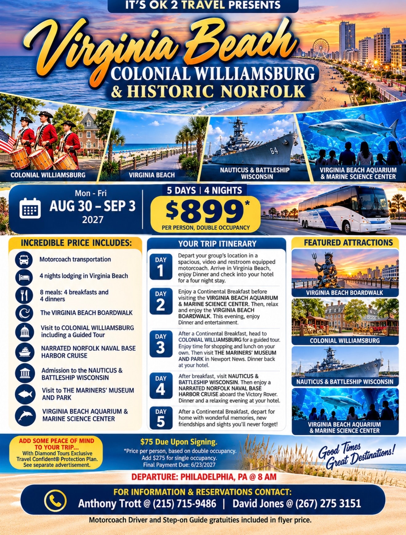 It's OK 2 Travel Presents Virginia Beach, Colonial Williamsburg & Historic Norfolk - Aug 30 to Sep 3 2027